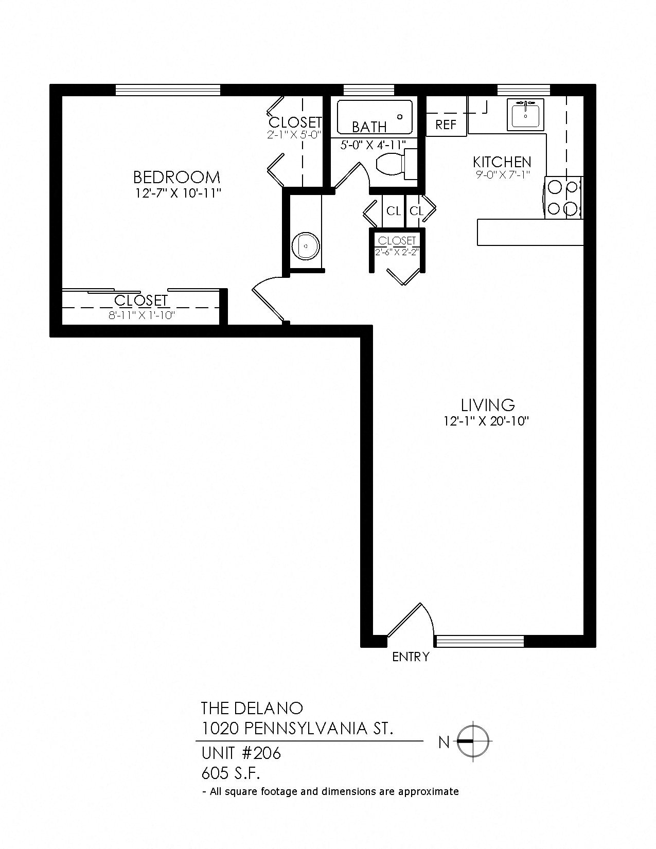 Floor plan for 1 bed, 1 bath, 615 sqft